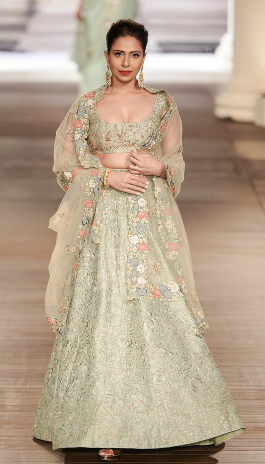 Dusty Mint Raw Silk Lehenga with Tonal Embroidery & Pitta Blouse