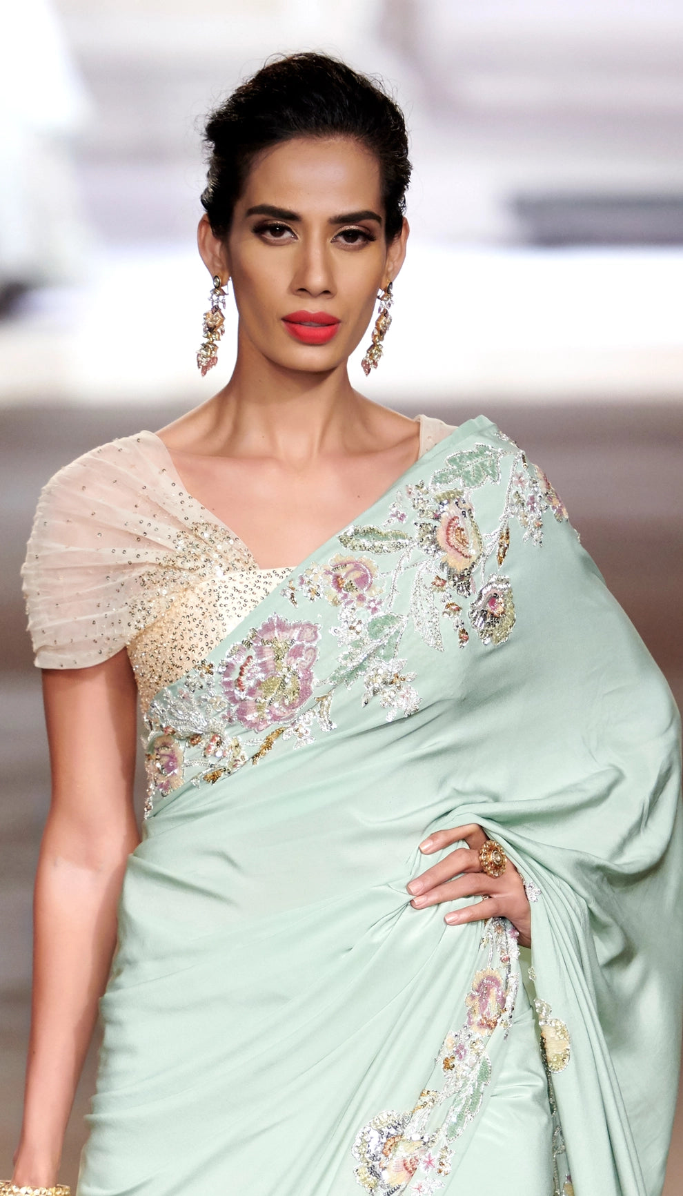 Pastel Blue Crepe Saree with Floral Border in Sequins & Glass Pipes