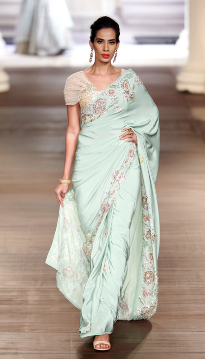 Pastel Blue Crepe Saree with Floral Border in Sequins & Glass Pipes