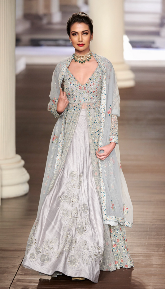 Dusty Blue Tulle Jacket with English Rose Embroidery Over Moon Grey Lehenga