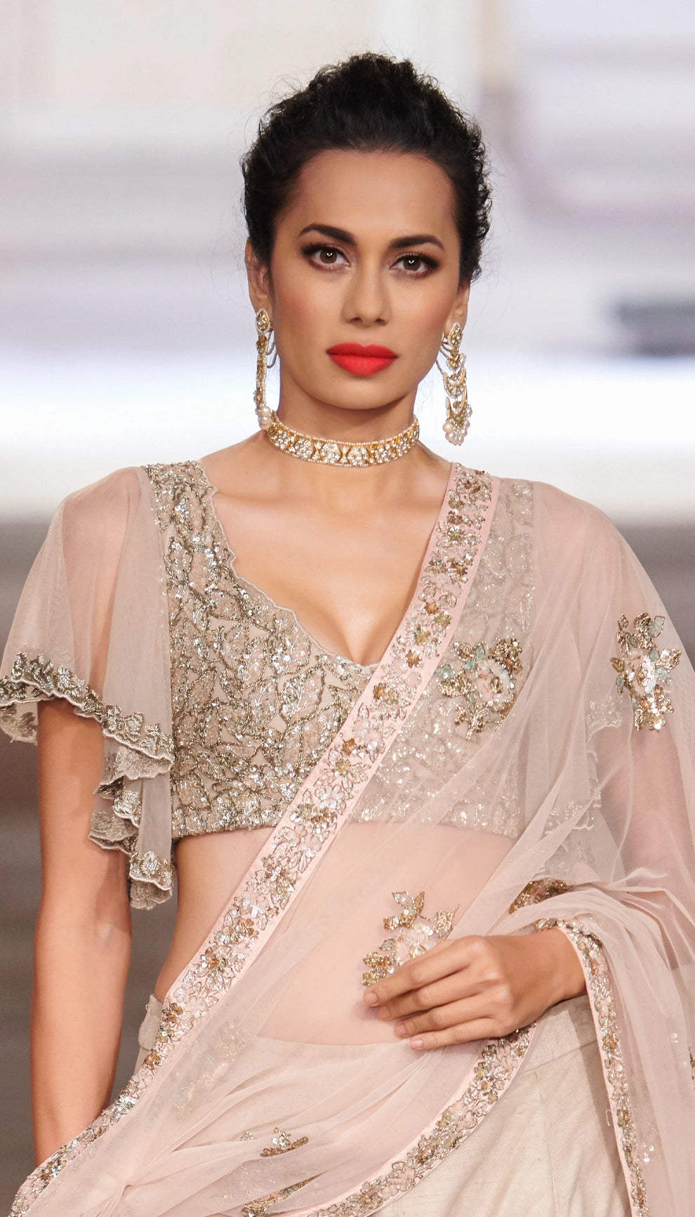 Moon Grey Tulle Lehenga with Floating Florals in Cream, Pink & Rose