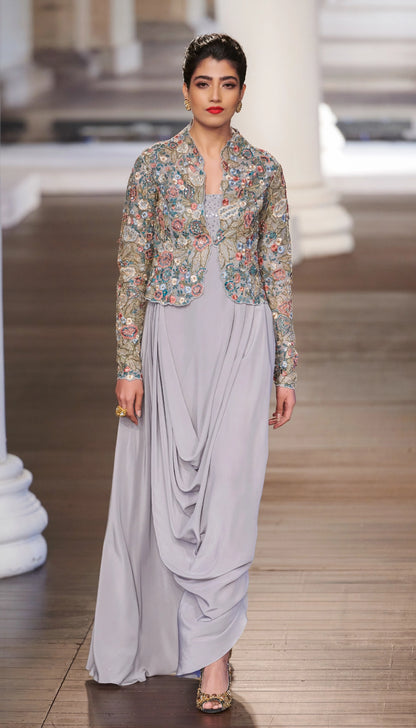 Sheer Tulle Embroidered Jacket Over Storm Grey Cowl Dress