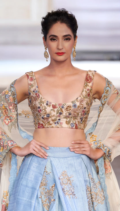 Sky Blue Raw Silk High-Low Lehenga