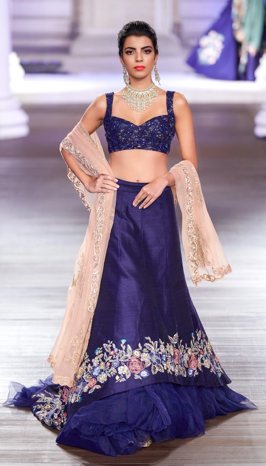 Navy Blue Raw Silk Lehenga