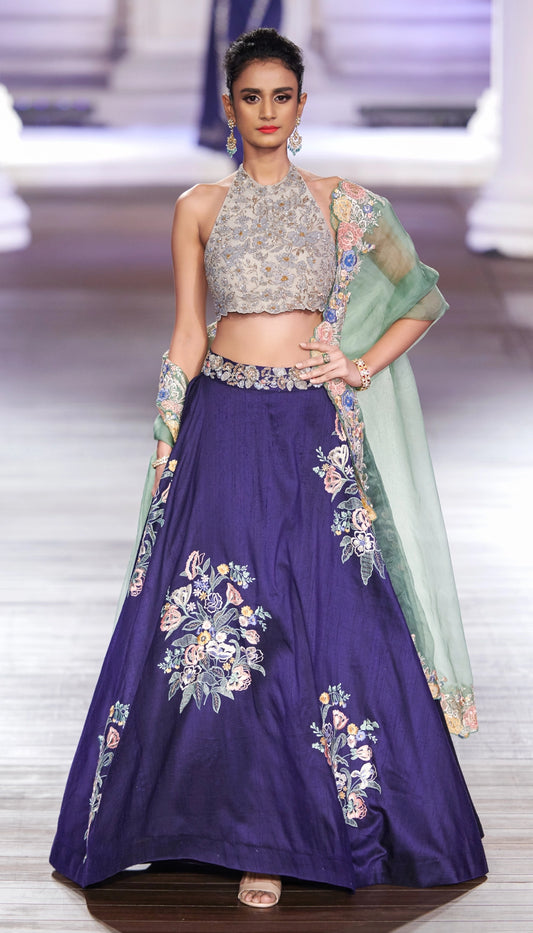 Deep Blue Raw Silk Lehenga