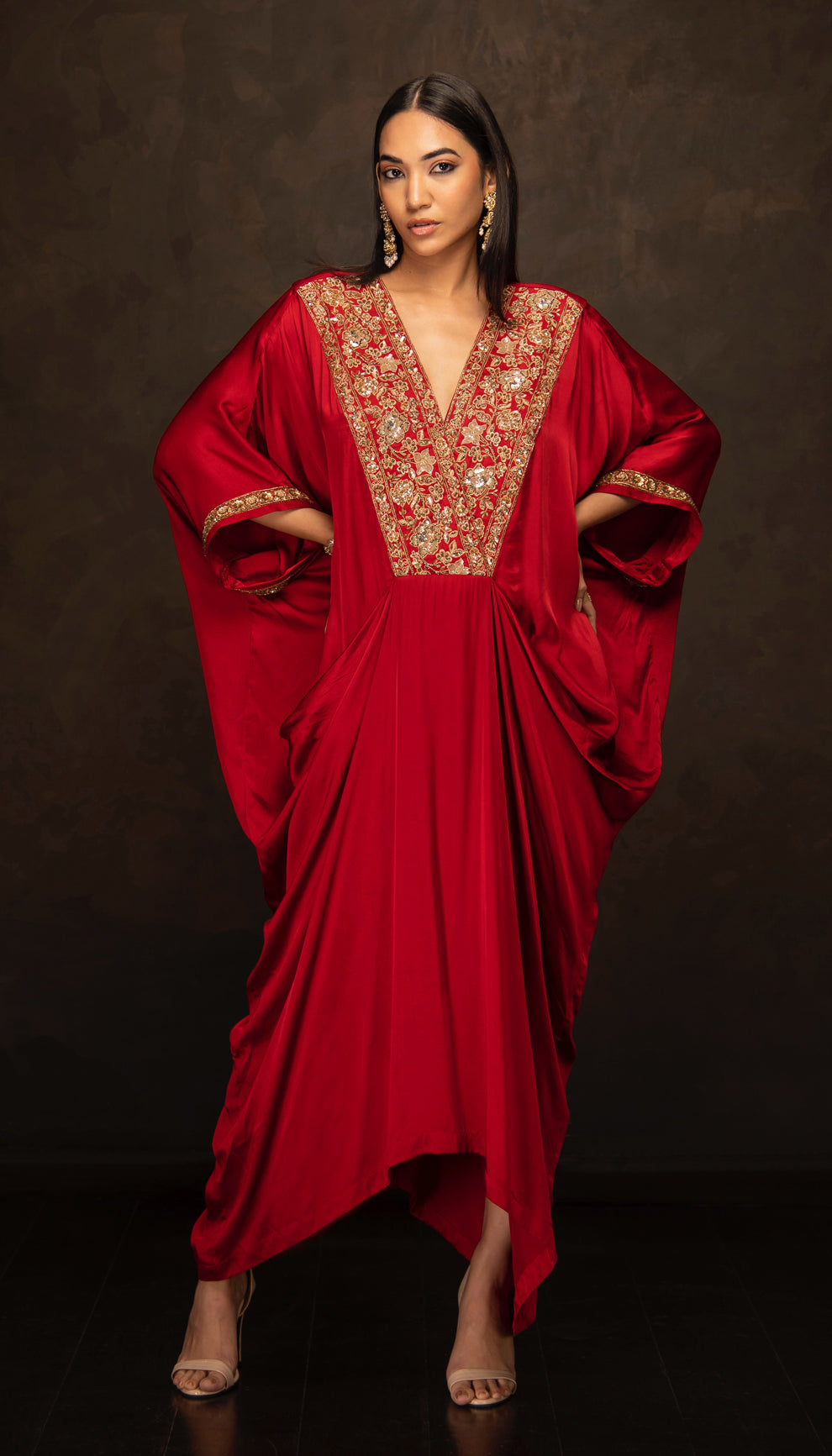 The Rich Red Viscose Satin Kaftan - Shyamal & Bhumika