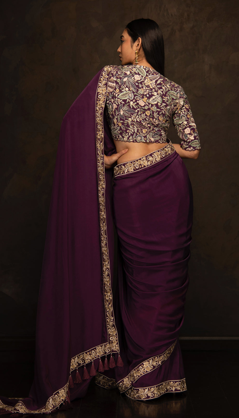 The Aubergine Floral Border Saree