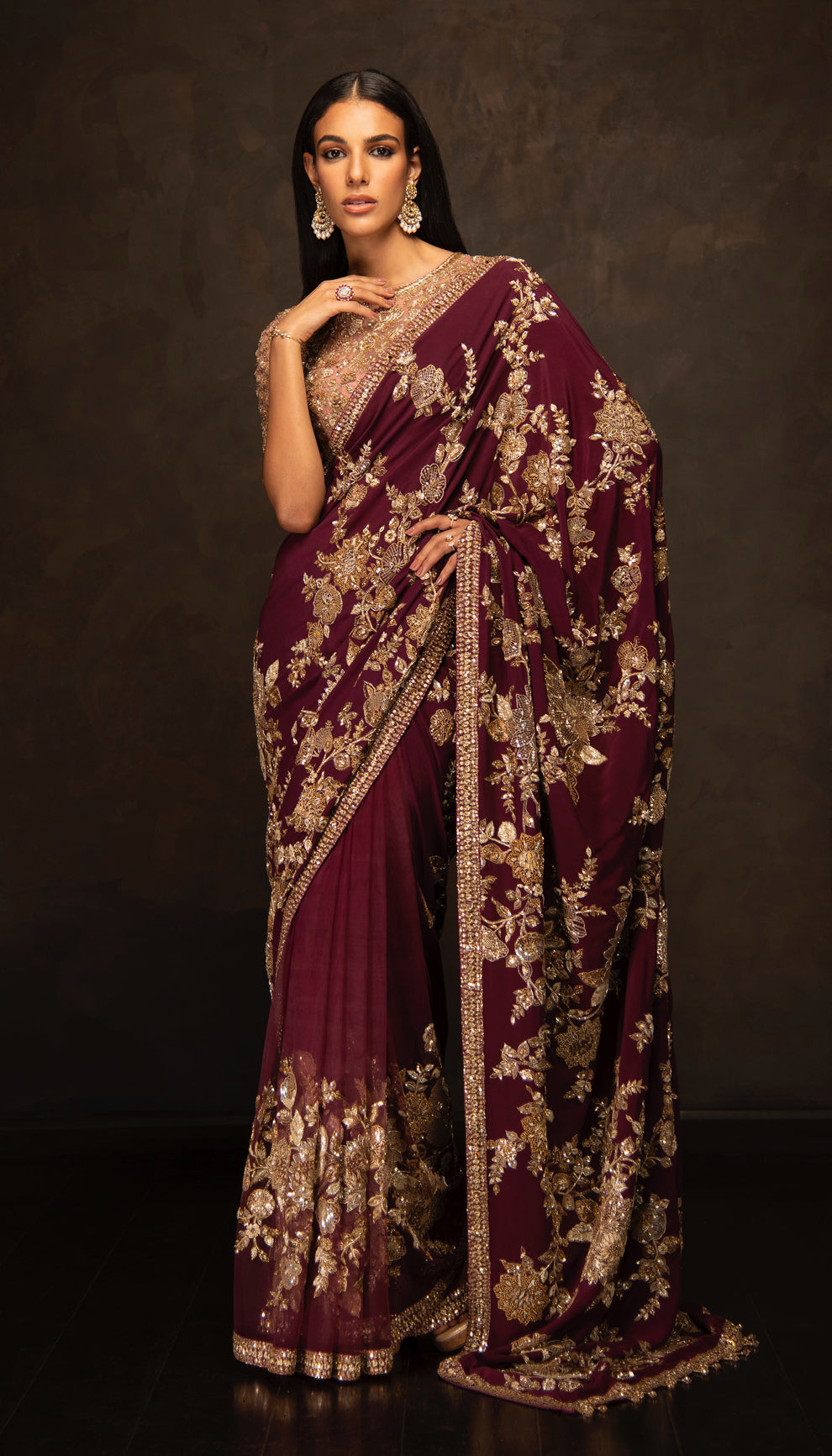 The Wine Embroidered Crepe Silk Saree