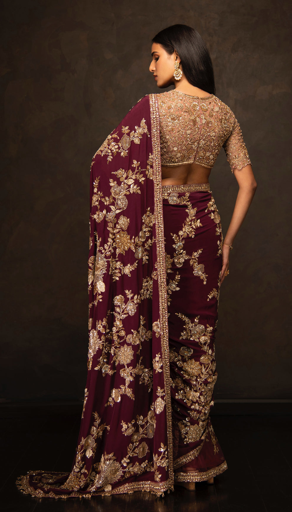 The Wine Embroidered Crepe Silk Saree