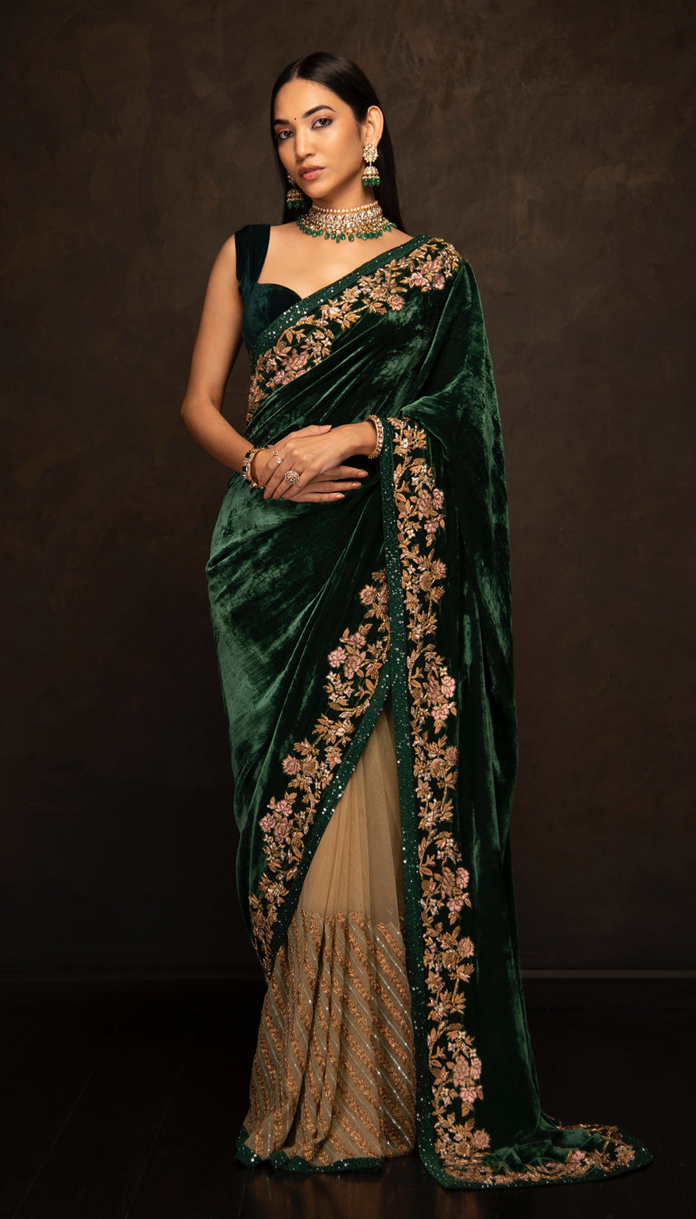 The Deep Green Velvet Saree