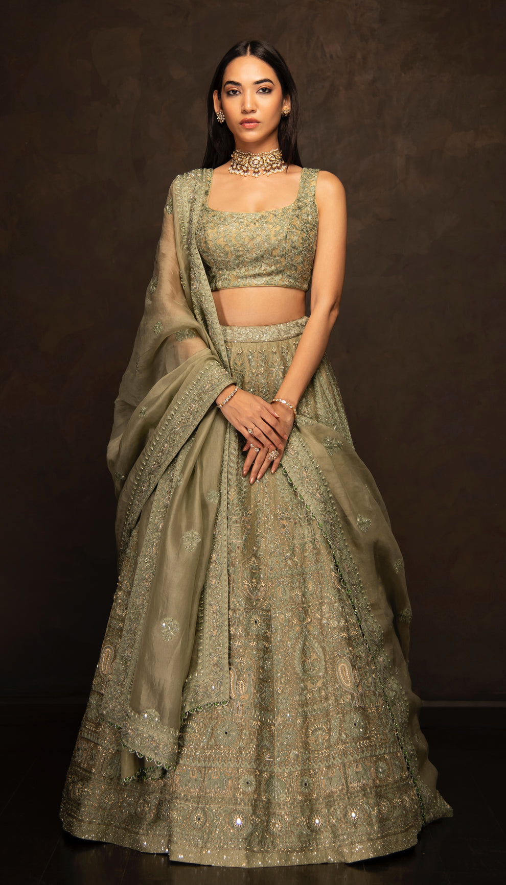 The Olive Green Embroidered Lehenga