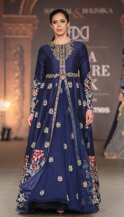 A Classic Muted Royal Blue Panelled Jacket lehenga