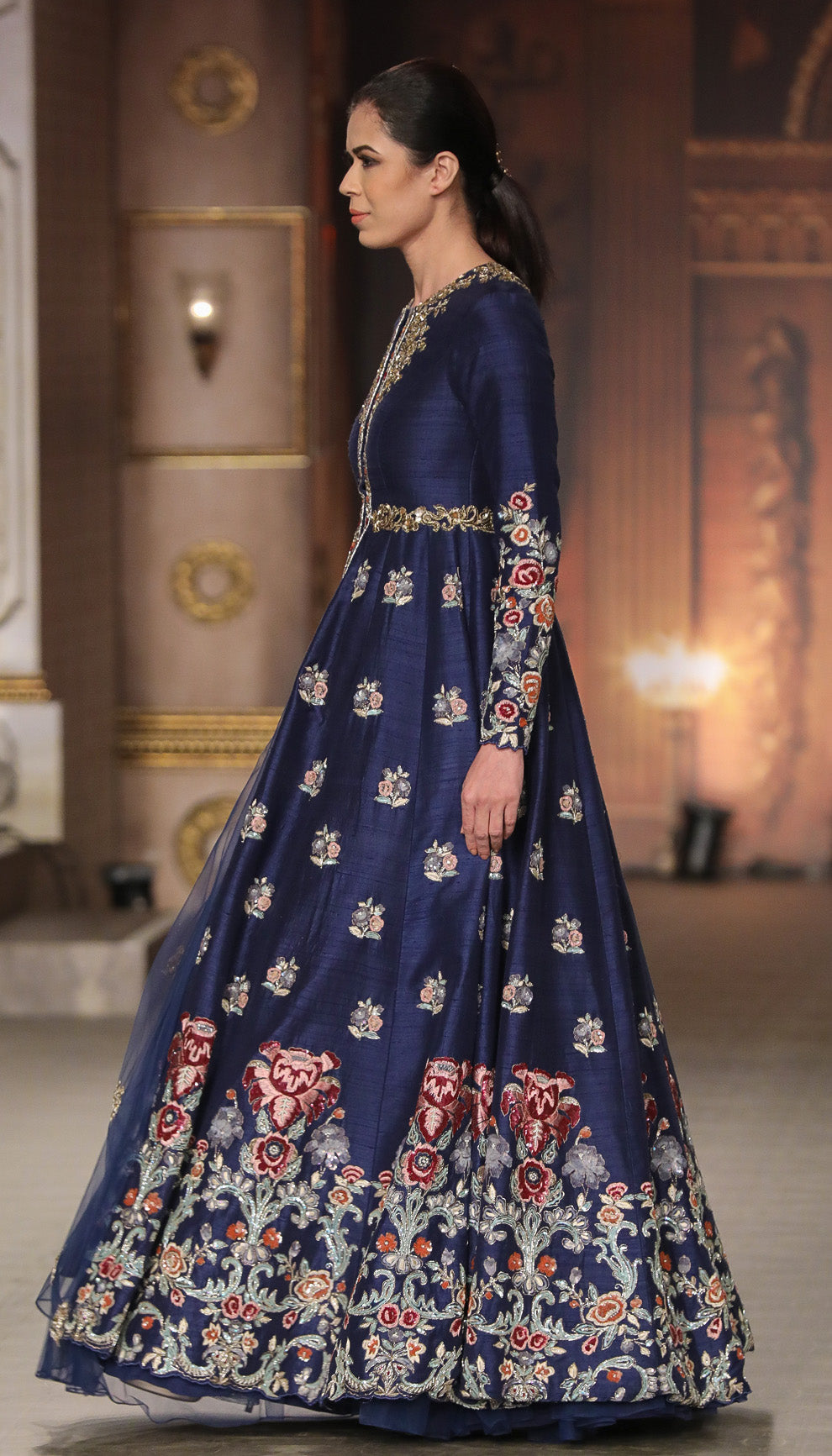 A Classic Muted Royal Blue Panelled Jacket lehenga