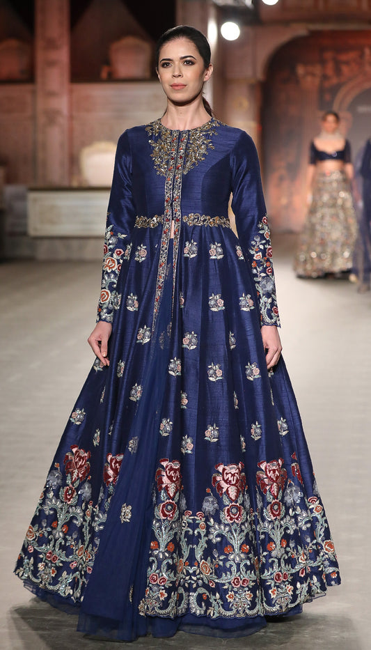 A Classic Muted Royal Blue Panelled Jacket lehenga