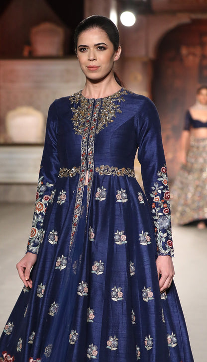 A Classic Muted Royal Blue Panelled Jacket lehenga