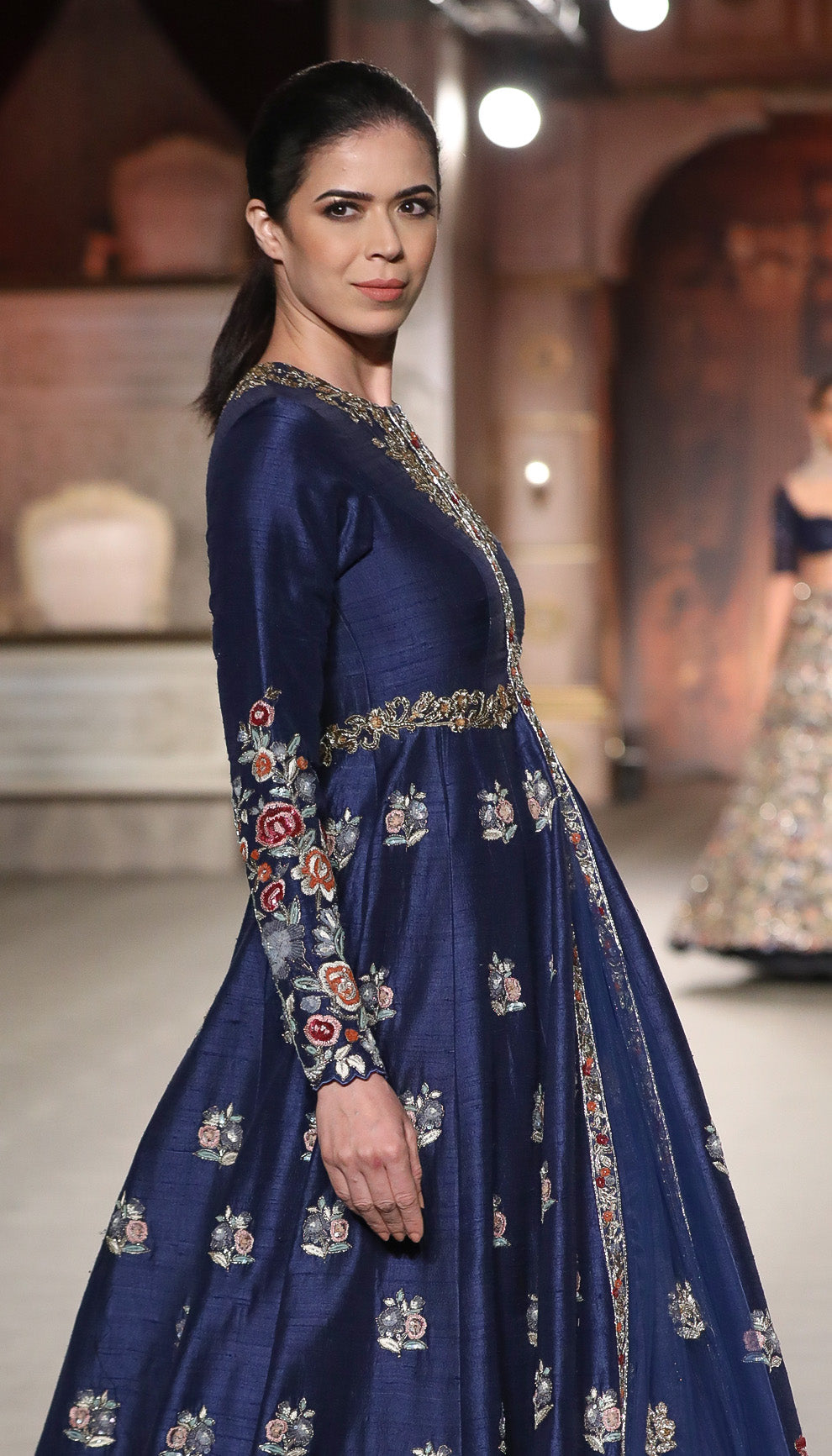 A Classic Muted Royal Blue Panelled Jacket lehenga