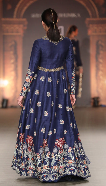 A Classic Muted Royal Blue Panelled Jacket lehenga