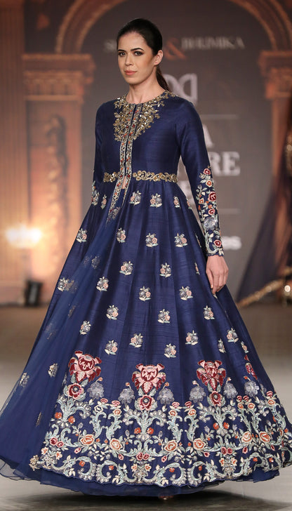 A Classic Muted Royal Blue Panelled Jacket lehenga