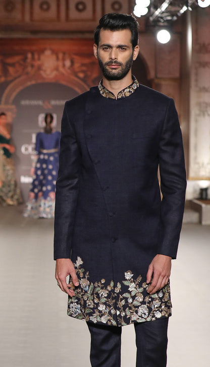 A Midnight Blue Matka Silk Overlap Sangeet Jacket