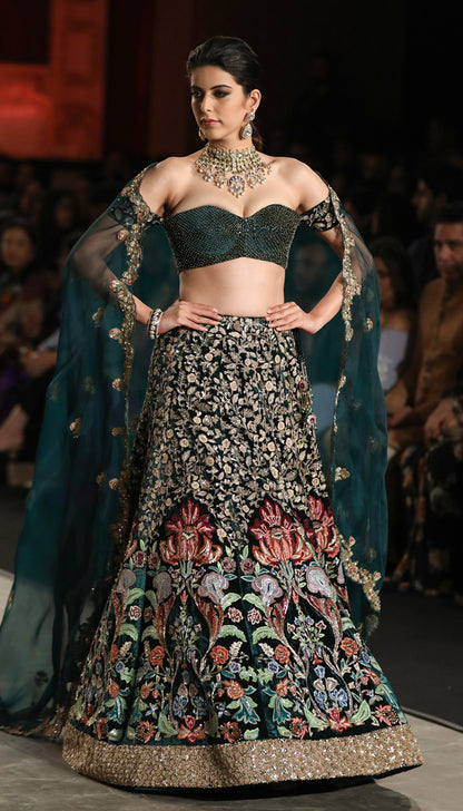 A Deep Emerald Velvet Lehenga