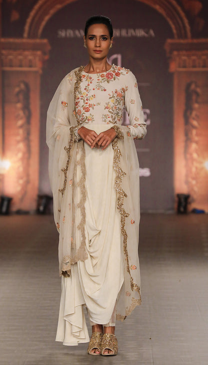 An Ivory Crepe Silk Cowl Kurta