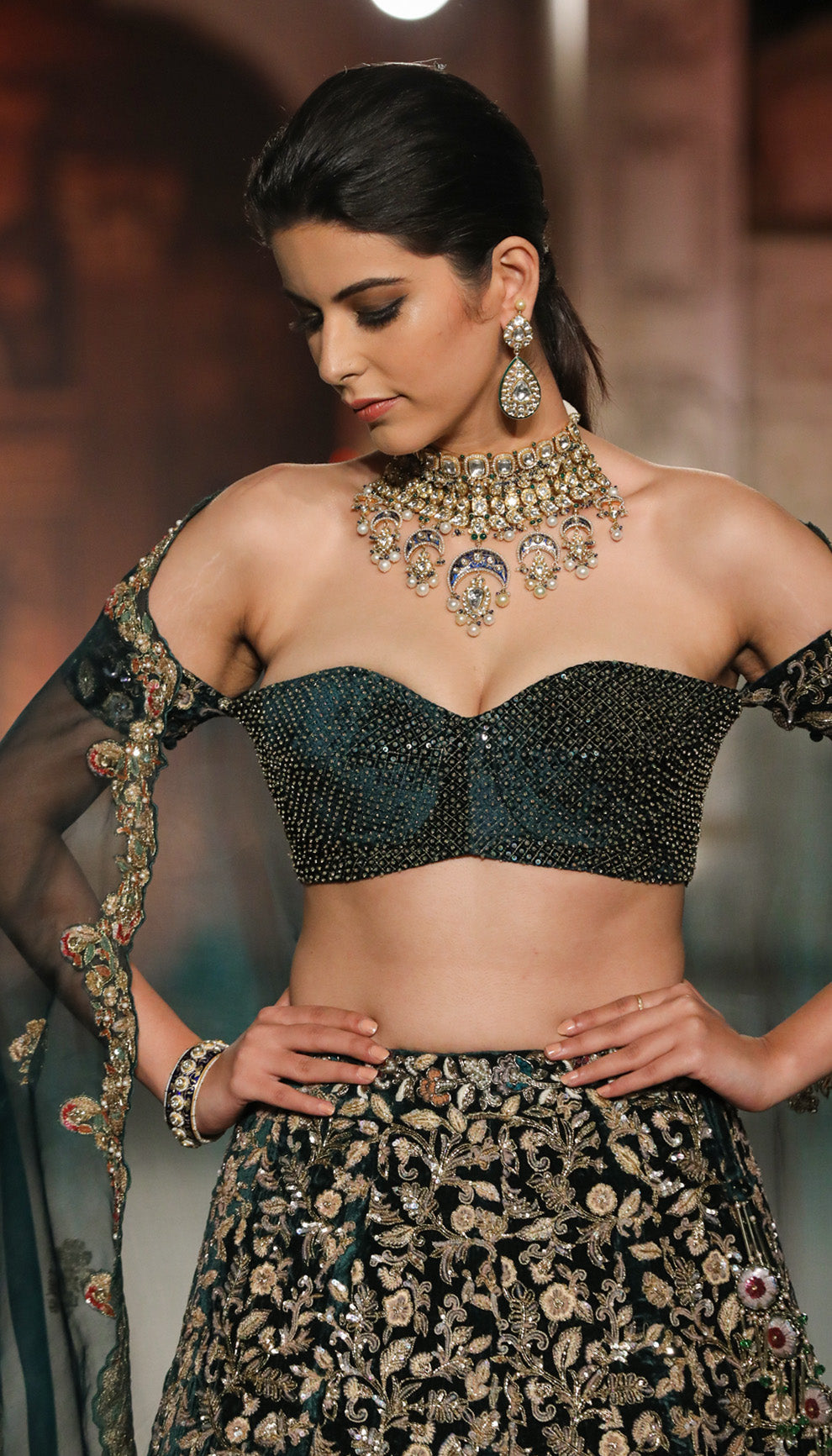 A Deep Emerald Velvet Lehenga