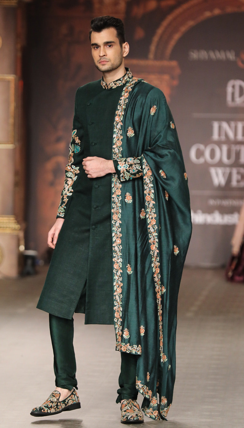 A Classic Forest Green Matka Silk Sherwani