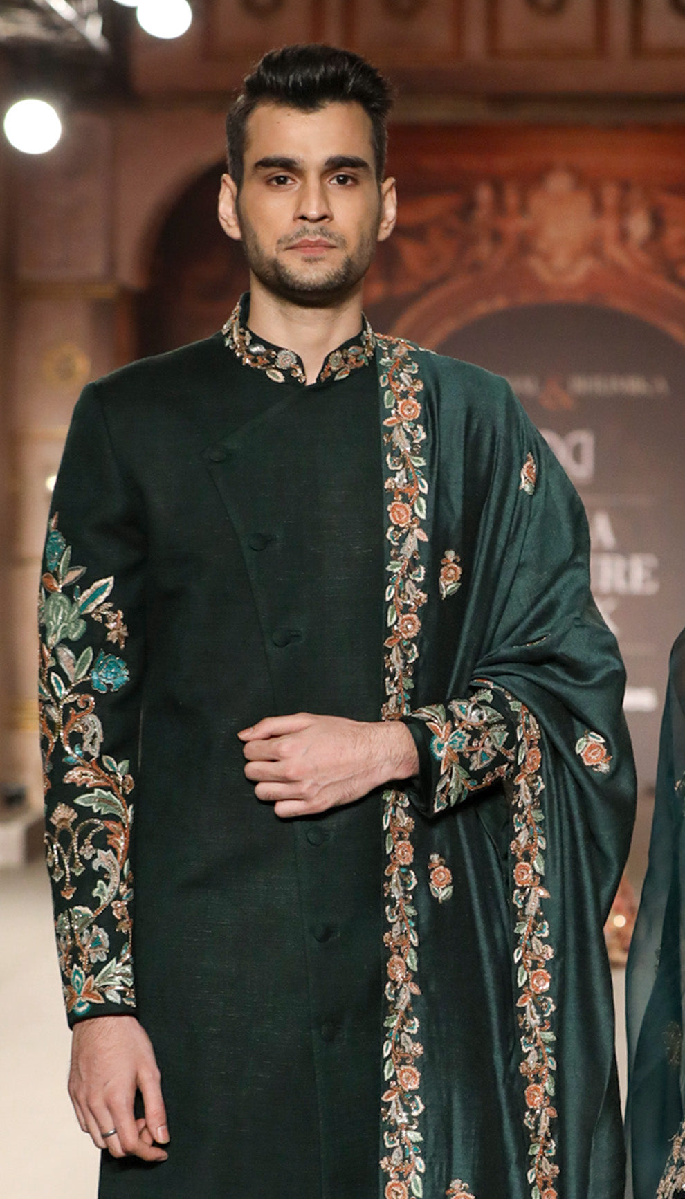 A Classic Forest Green Matka Silk Sherwani