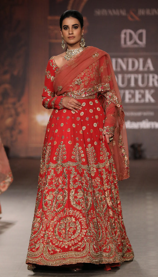 A Fiery Red Crepe Silk Bridal Kalidaar Gown