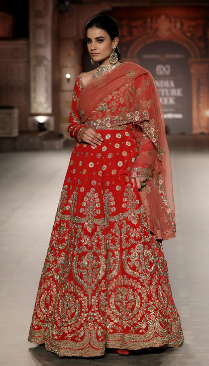 A Fiery Red Crepe Silk Bridal Kalidaar Gown