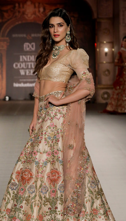 Kriti Sanon in a Muted Beige Raw Silk Lehenga Inspired by 17th Century Frescos