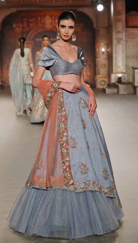 A Classic Asymetric Hem Pale Blue Raw Silk Lehenga