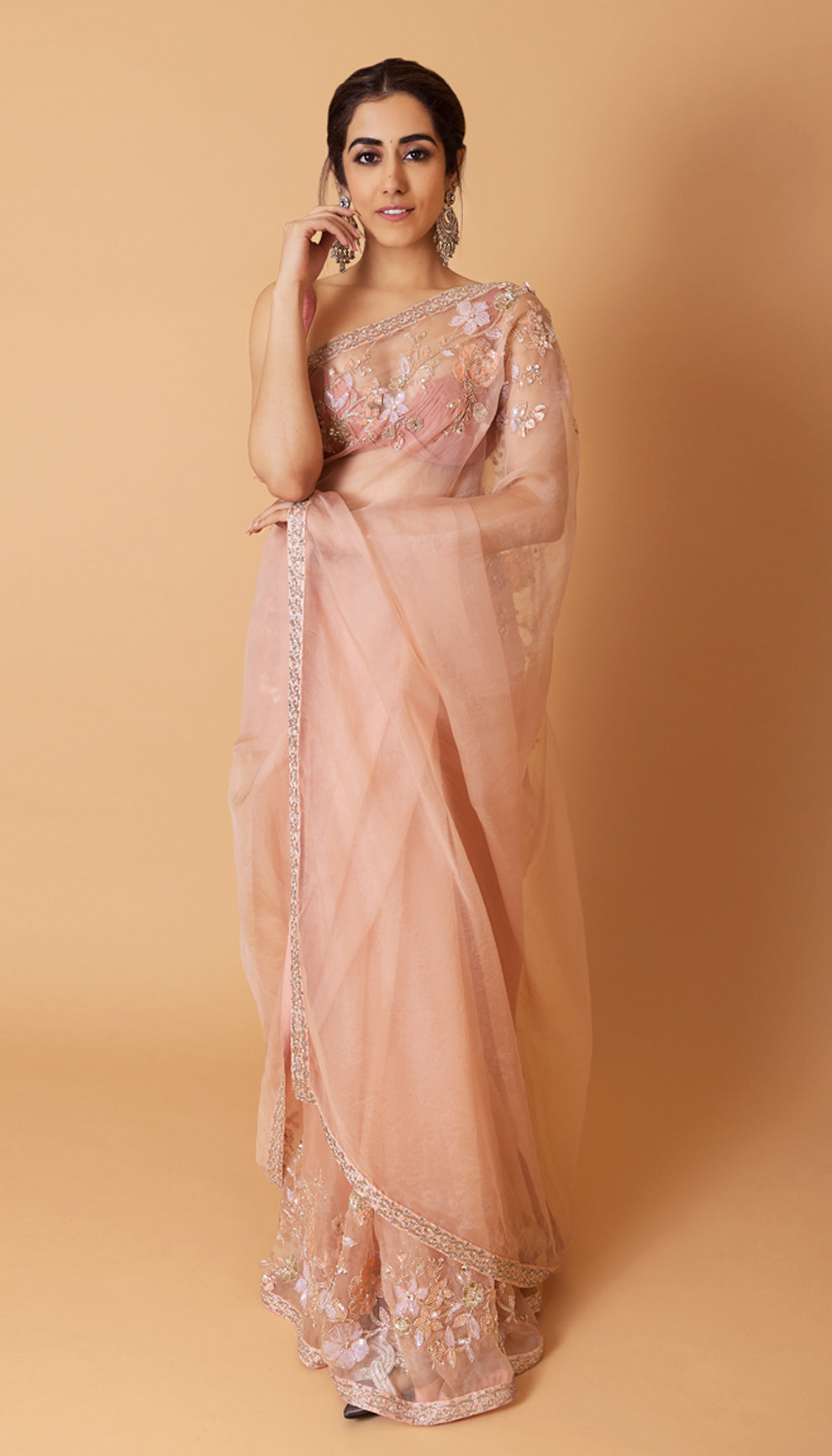 Jonita Gandhi in shell pink organza saree by shyamal & bhumika