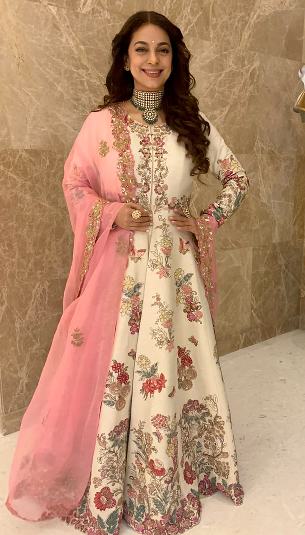 Juhi Chawla in an Ivory Jacket Lehenga by Shyamal & Bhumika