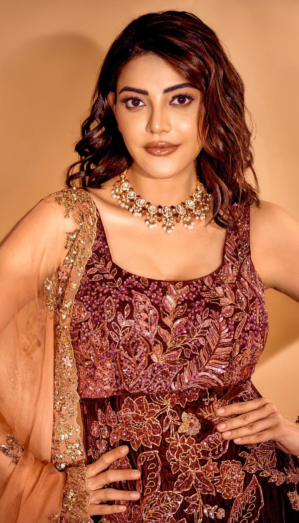 Kajal aggrawal in a wine velvet kurta set by shyamal & bhumika