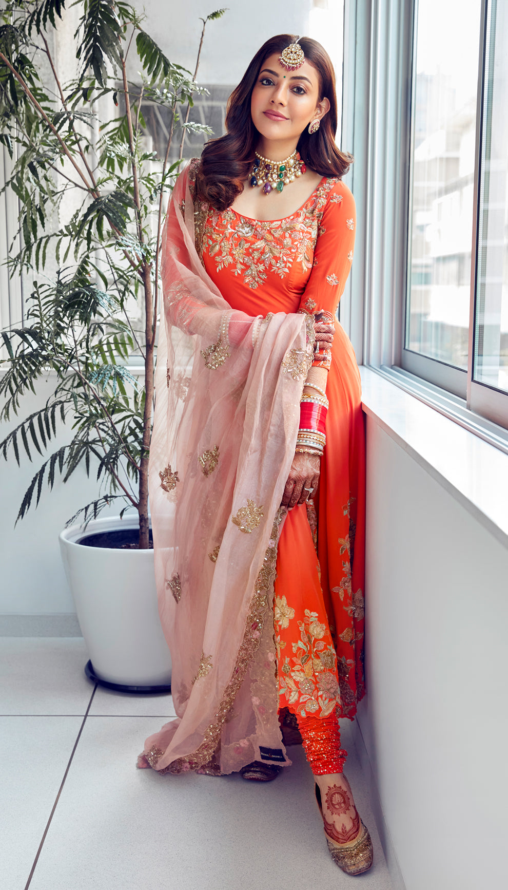 kajal aggrawal in a coral crepe silk kurta set by shyamal & bhumika