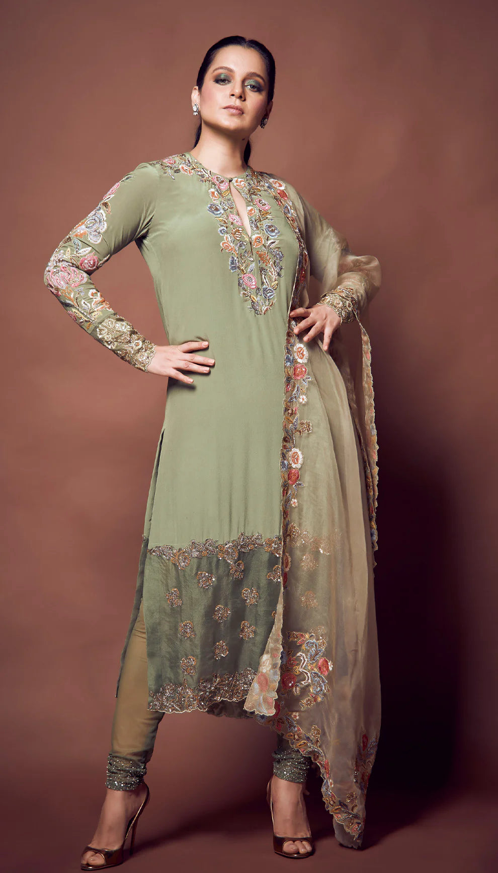 Kangana Ranaut in Muted Olive Crepe Silk Kurta Set with Organza Appliqué & Peeta Embroidery