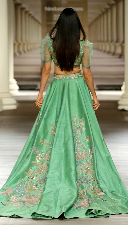 Kiara Advani Inspired European Green Raw Silk Lehenga by Shyamal & Bhumika