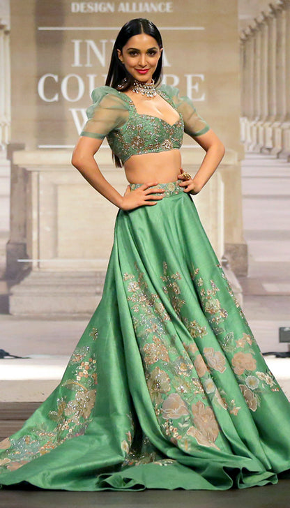 Kiara Advani Inspired European Green Raw Silk Lehenga by Shyamal & Bhumika