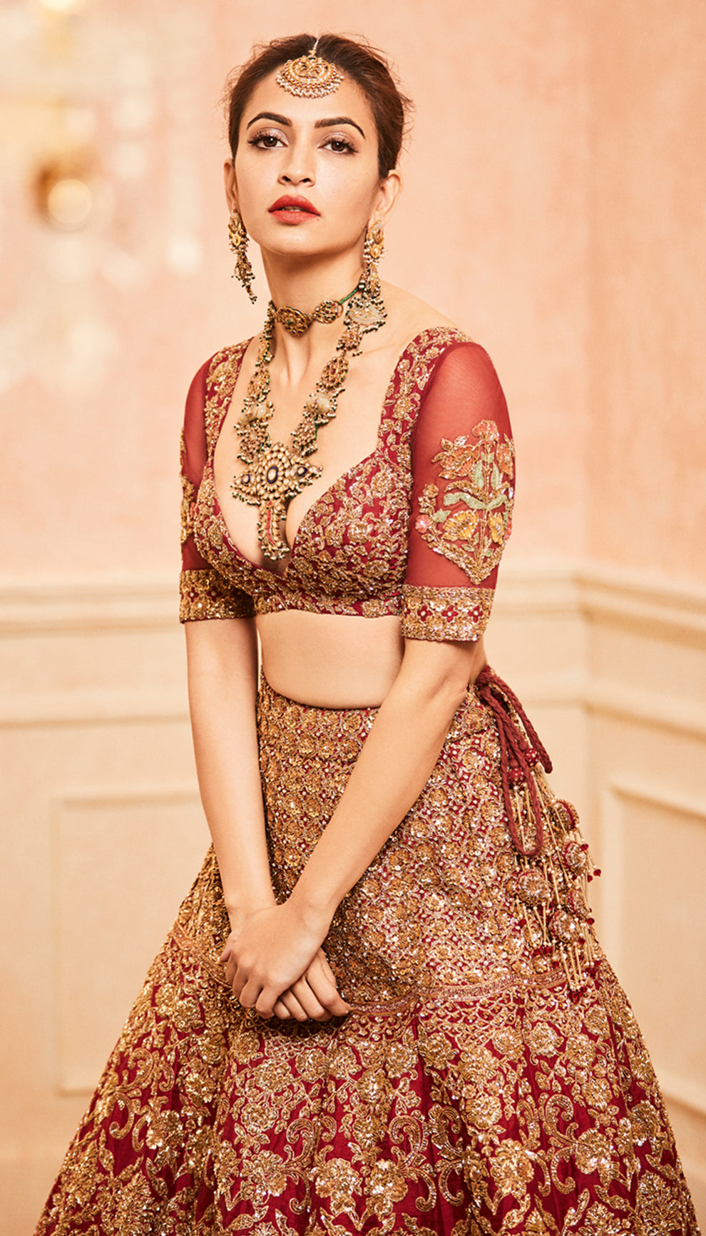 kriti kharbanda in the Deep Red Raw Silk Lehenga by shyamal & bhumika