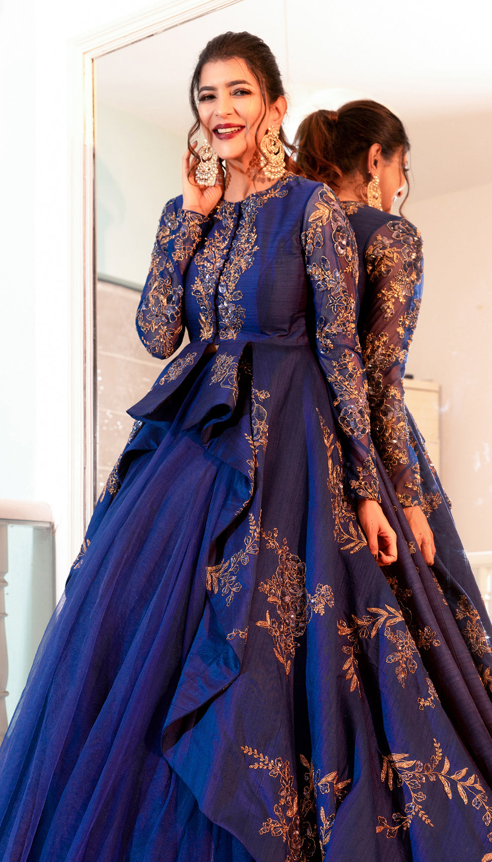Lakshmi Manchu in a midnight blue jacket lehenga by shyamal & bhumika