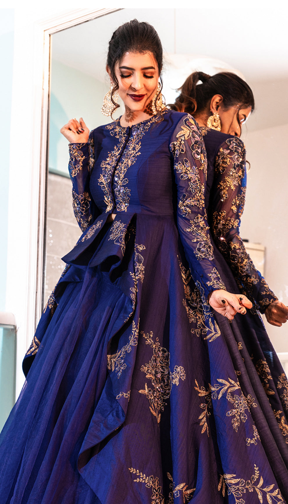 Lakshmi Manchu in a midnight blue jacket lehenga by shyamal & bhumika