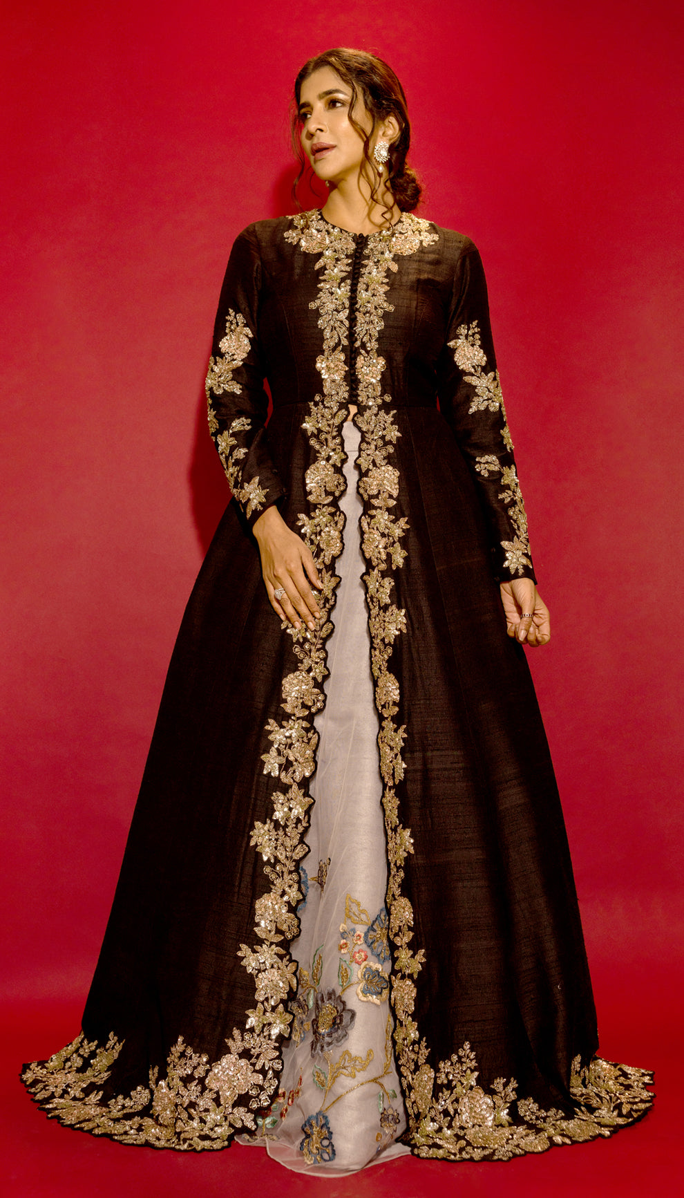 Lakshmi Manchu in a Black jacket lehenga by shyamal & bhumika