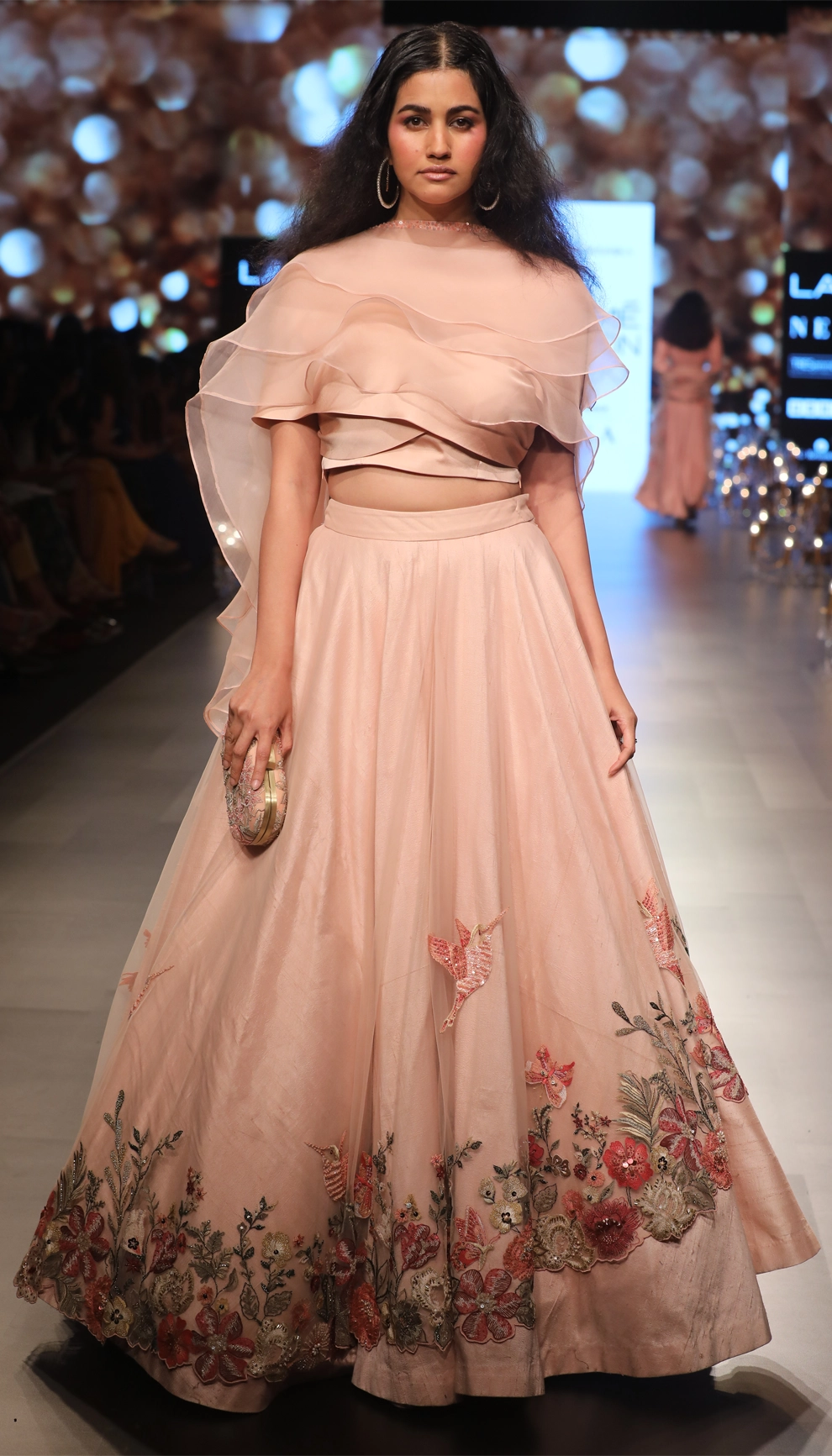 Blush Pink Asymmetrical Tulle Lehenga