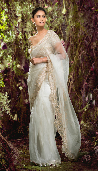 Pristine Ivory Organza Saree with Floral Cutwork Hem