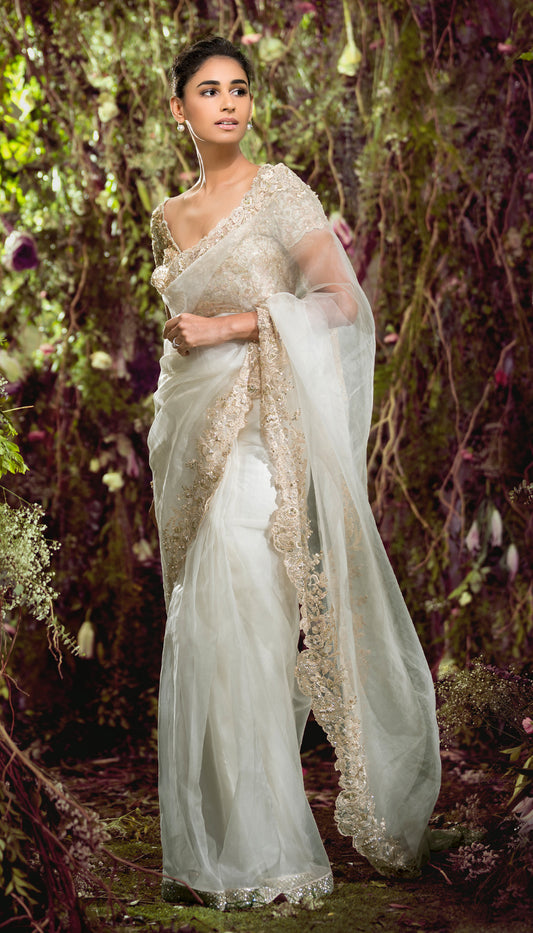 Pristine Ivory Organza Saree with Floral Cutwork Hem