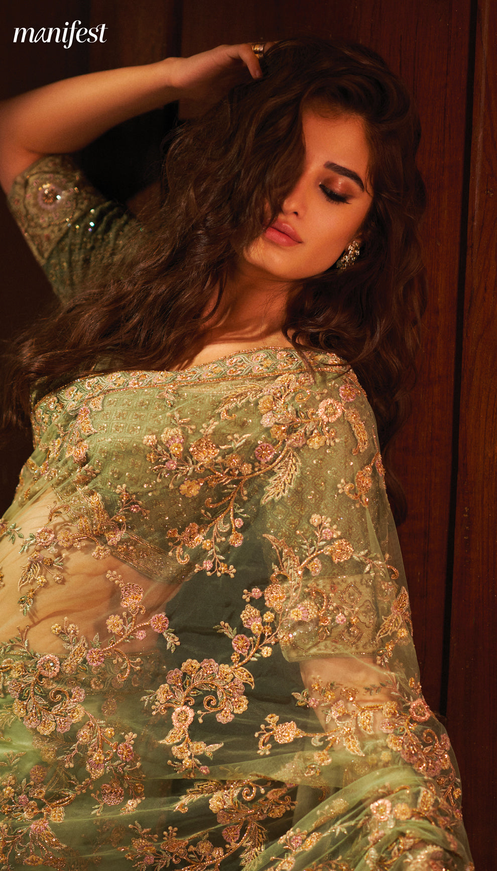 Rasha Thadani in The Olive Green Embroidered Organza Saree By Shyamal & Bhumika.