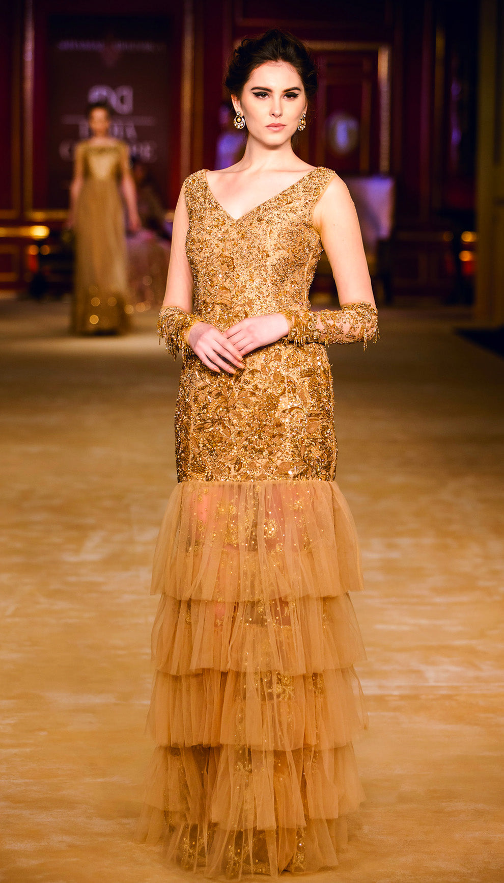 The Majestic Champagne Gold Tulle Ruffle Gown