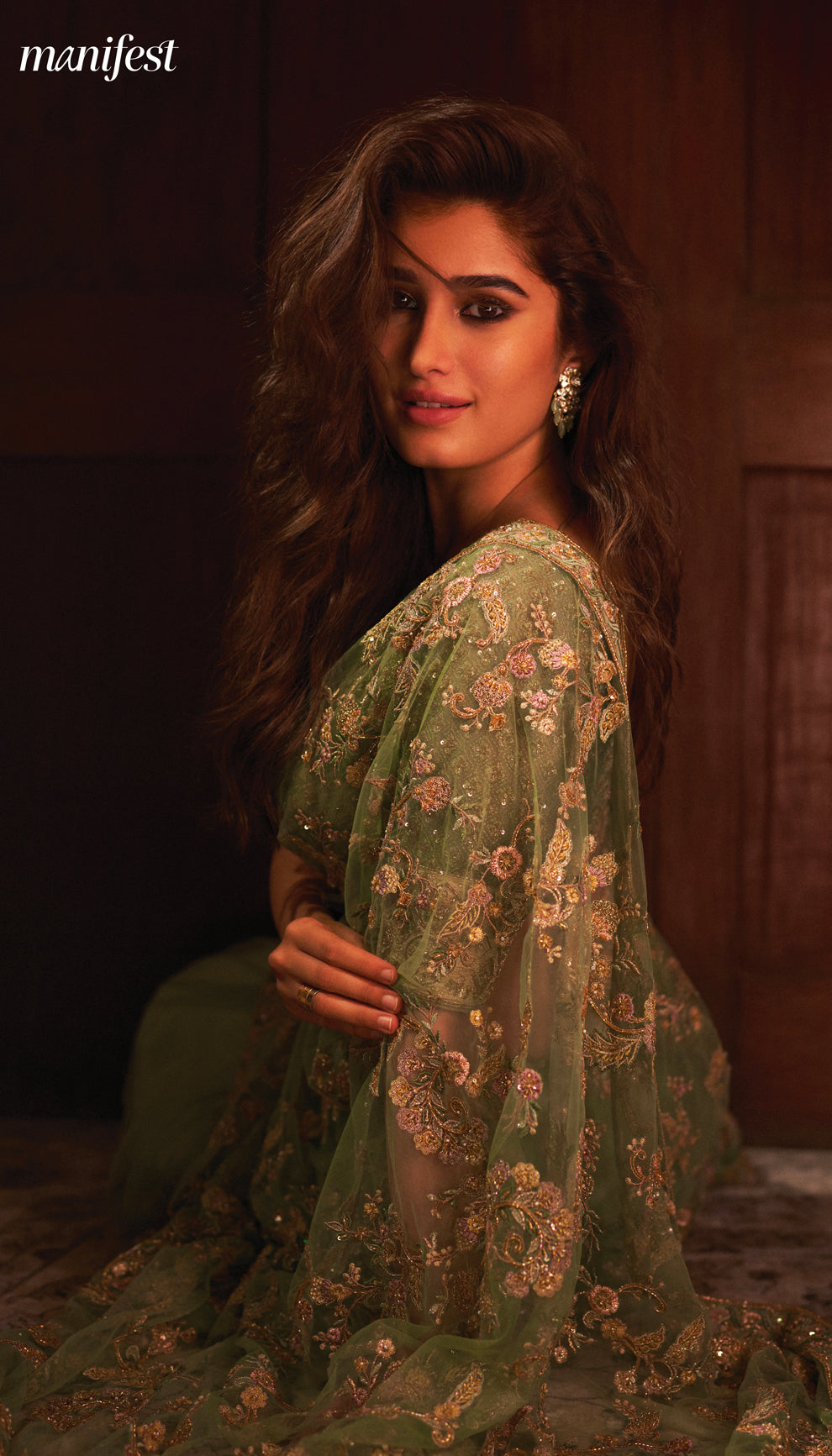 Rasha Thadani in The Olive Green Embroidered Organza Saree By Shyamal & Bhumika.