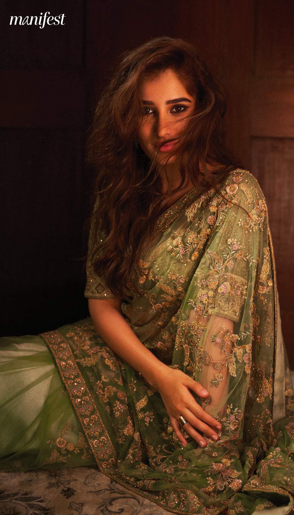 Rasha Thadani in The Olive Green Embroidered Organza Saree By Shyamal & Bhumika.